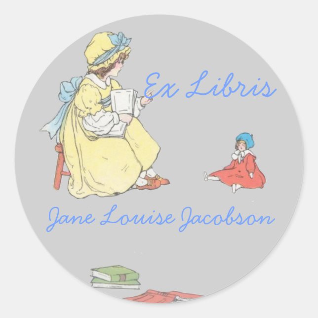 Girl reading to Doll Rounded Bookplate Classic Round Sticker (Front)