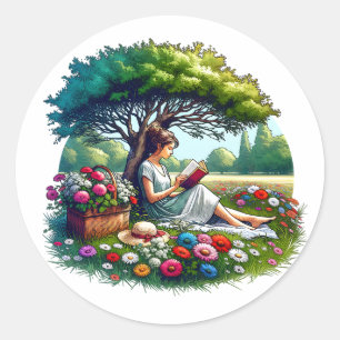 Girl Reading under a Tree Surrounded by Flowers Classic Round Sticker