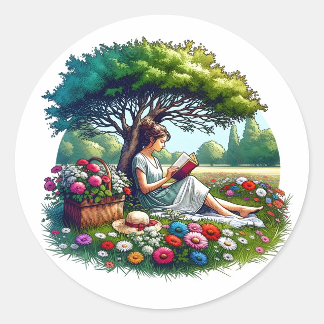 Girl Reading under a Tree Surrounded by Flowers Classic Round Sticker (Front)