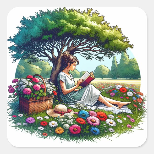 Girl Reading under a Tree Surrounded by Flowers Square Sticker (Front)