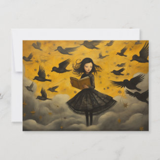 Girl reading with flying birds - postcard