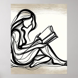 Girl Reads a Book - Line Art  Poster
