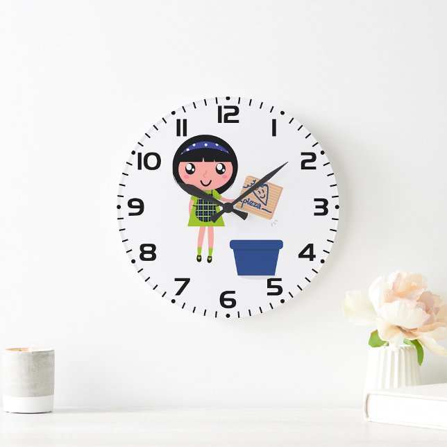 Girl Recycling Pizza Box Fun Eco-Friendly  Large Clock (Creator Uploaded)