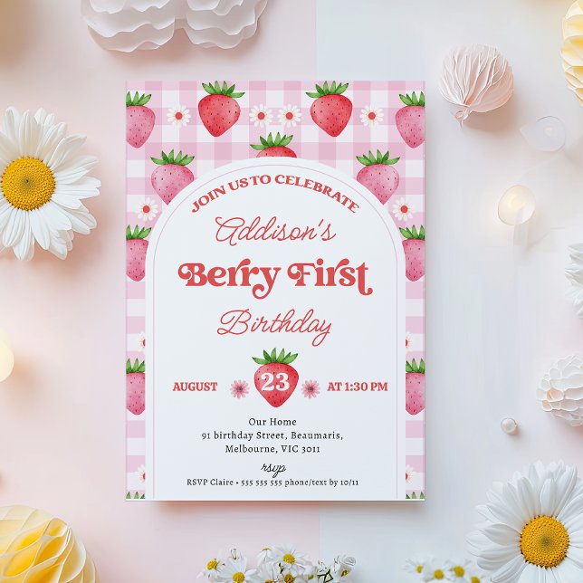 Girl Red Daisy Strawberry Berry Sweet 1st Birthday Invitation (Modern Strawberry Berry First Birthday Invitation Template, Girls Berry 1st Birthday Invitation,)