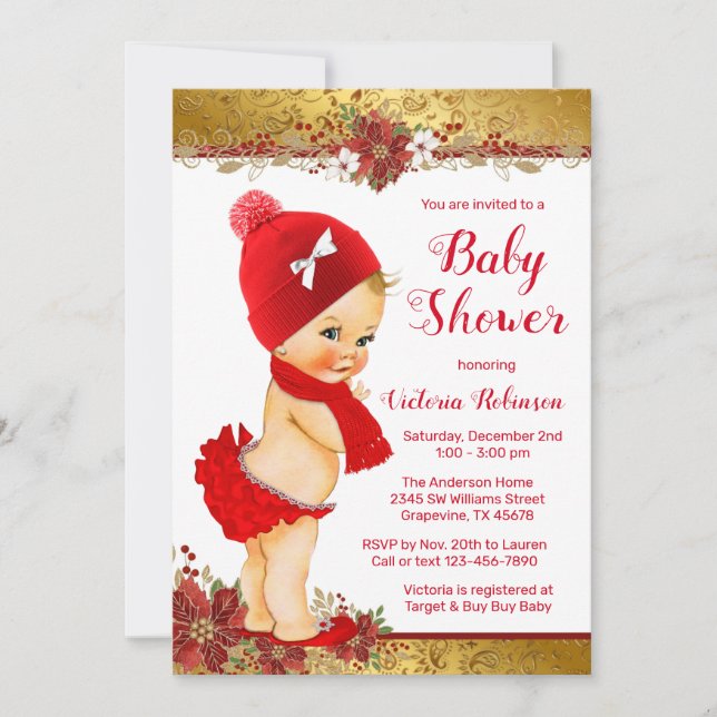 Girl Red Gold Christmas Baby Shower Blonde Invitation (Front)