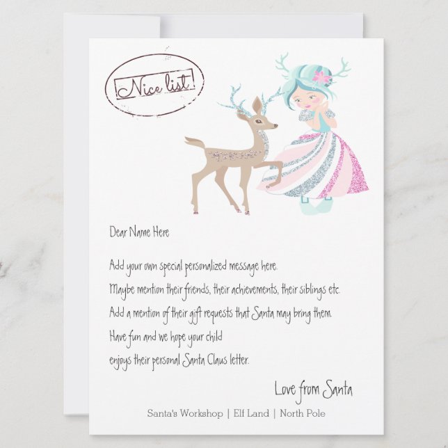 Girl Reindeer Letter From Santa Personalised Holiday Card (Front)