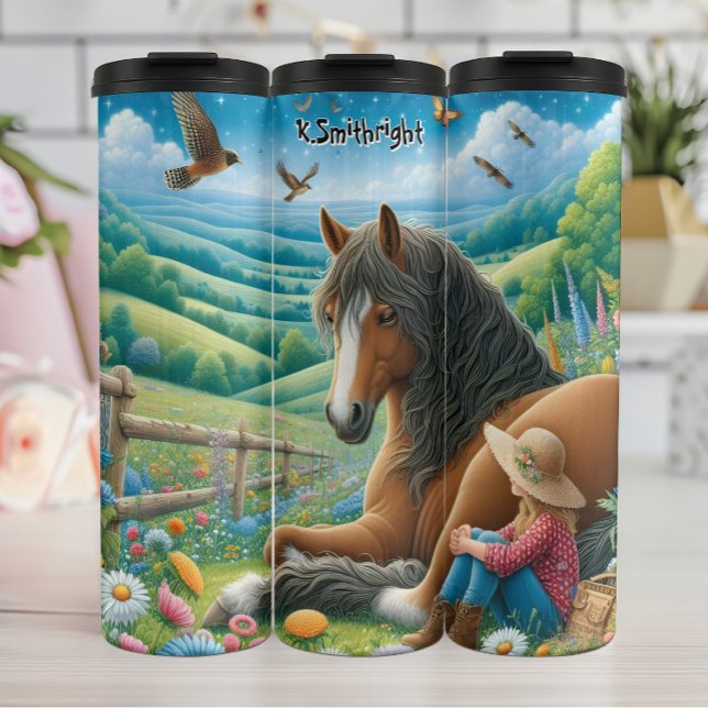 Girl Resting with Gentle Giant Horse in Flower  Thermal Tumbler (Creator Uploaded)