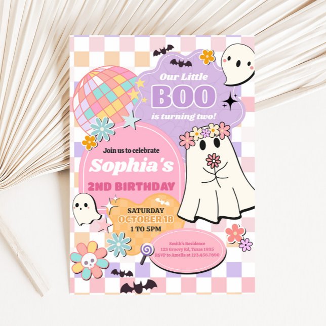 Girl Retro Groovy Little Boo Birthday Party Invitation (Retro Groovy Little Boo Birthday Party Invitation)
