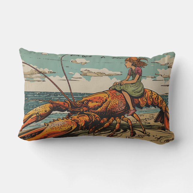 Girl Rides Lobster Throw Pillow (Back)