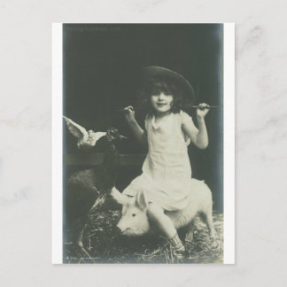 girl riding a sow postcard