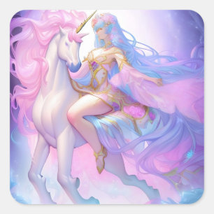 Girl Riding a Unicorn Square Sticker