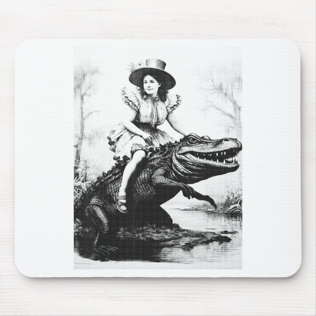 Girl Riding Alligator _ Weird Funny Florida Crocod Mouse Pad (Front)