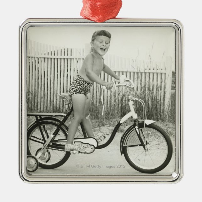 Girl Riding Bicycle Metal Ornament (Front)