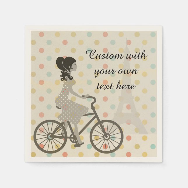 Girl Riding Bike in Paris Polka Dot Custom Text Napkin (Front)