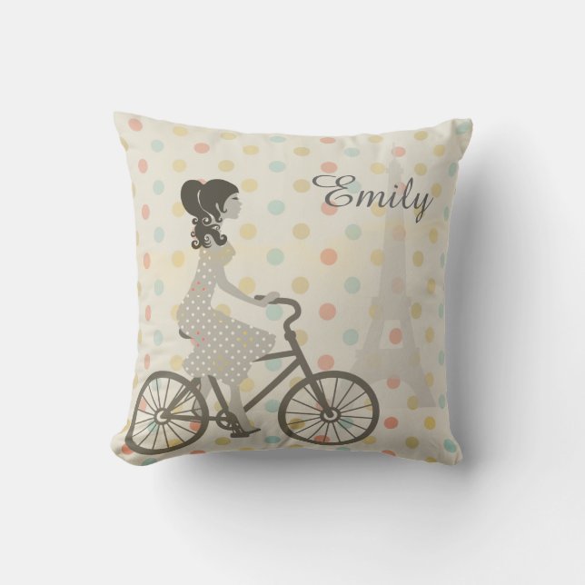 Girl Riding Bike in Paris Polka Dot Personalised Cushion (Front)