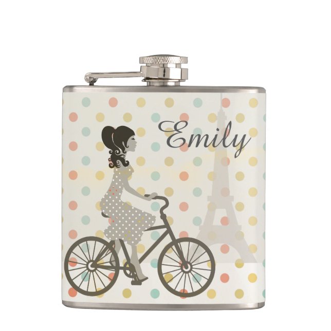 Girl Riding Bike in Paris Polka Dot Personalised Hip Flask (Front)