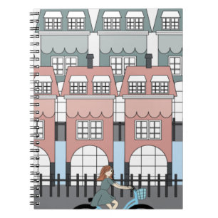 Girl Riding Bike Past Amsterdam Tall Houses Art Notebook