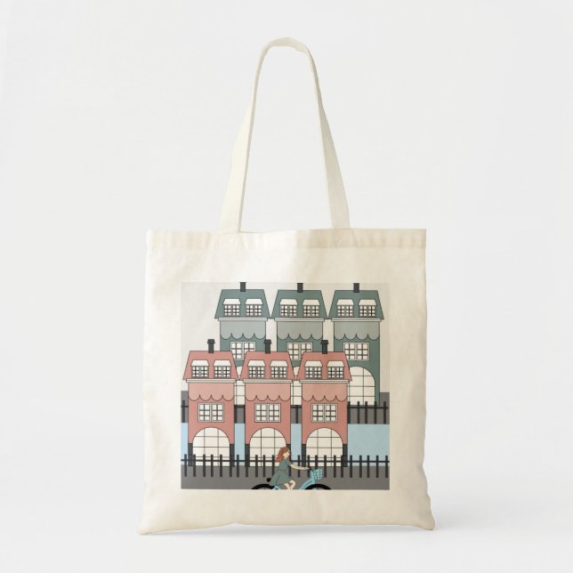 Girl Riding Bike Past Amsterdam Tall Houses Art Tote Bag (Front)
