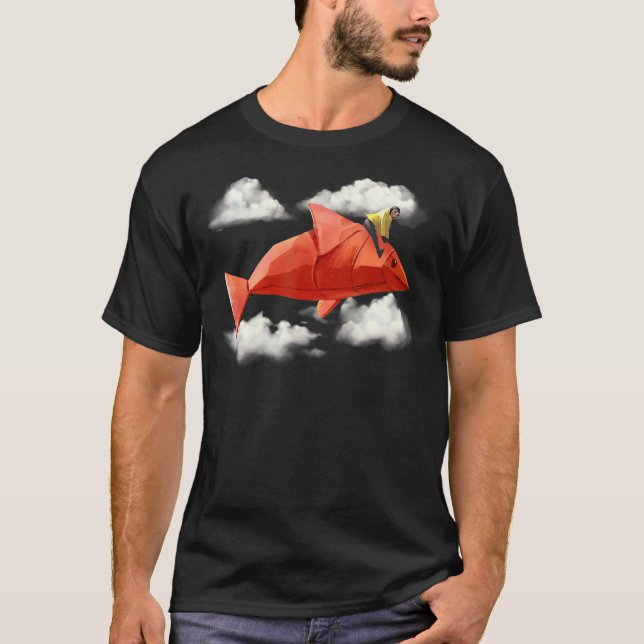 Girl Riding Origami Paper Fish Clouds Aesthetic T-Shirt (Front)
