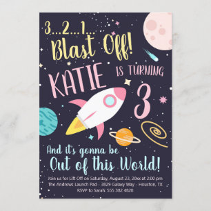 Girl Rocket Ship Outer Space Birthday Invitation