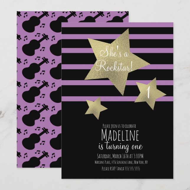 Girl Rockstar Guitar Faux Gold Star Birthday Invitation (Front/Back)