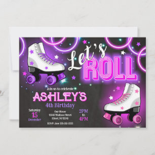 Girl Roller Skating Birthday Party Neon Glow Invitation
