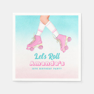Girl Roller Skating Pink and Blue Birthday Napkin