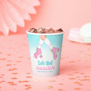 Girl Roller Skating Pink and Blue Birthday Paper Cups