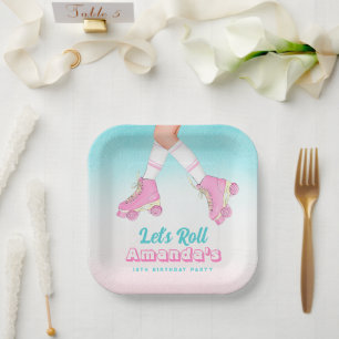 Girl Roller Skating Pink and Blue Birthday Paper Plate