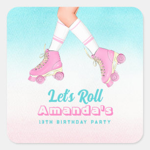Girl Roller Skating Pink and Blue Birthday Square Sticker
