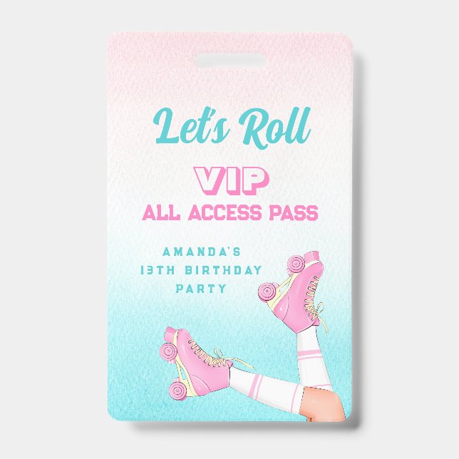 Girl Roller Skating Pink and Blue Birthday VIP ID Badge (Front)