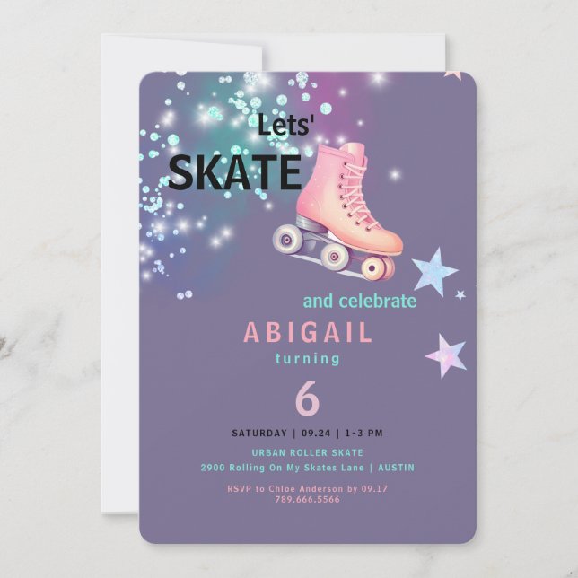  Girl Roller Skating Purple Neon Birthday Party Invitation (Front)