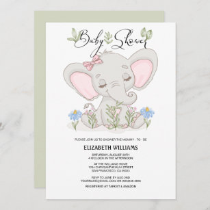 Girl Rose   Cute Elephant Watercolor Baby Shower   Invitation