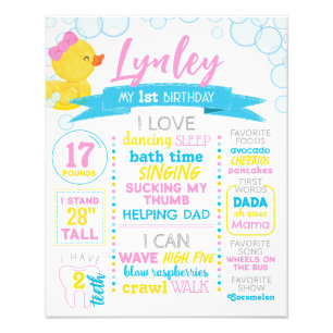 Girl Rubber Duck 1st Birthday Milestone Poster