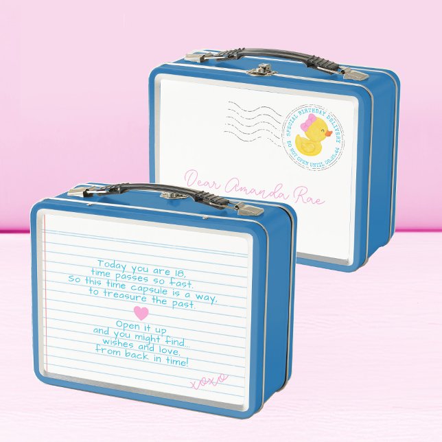 Girl Rubber Duck 1st Birthday Time Capsule Metal Lunch Box (Girl Rubber Duck Dear Baby Time Capsule Lunchbox Storage for 1st Birthday Time Capsule)