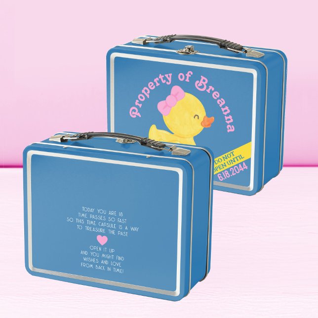 Girl Rubber Duck 1st Birthday Time Capsule Metal Lunch Box (Girl Rubber Duck Blue Time Capsule Lunchbox Storage for 1st Birthday Time Capsule)