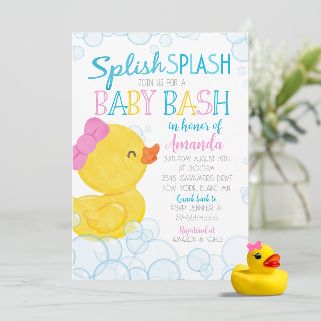 Girl Rubber Duck Splish Splash Baby Shower Invitation (Splish Splash Watercolor Girl Rubber Duck Baby Shower Invitations)