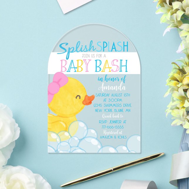 Girl Rubber Ducky Baby Shower Acrylic Invitation (Girl Rubber Duck Unique Acrylic Baby Shower Invite)
