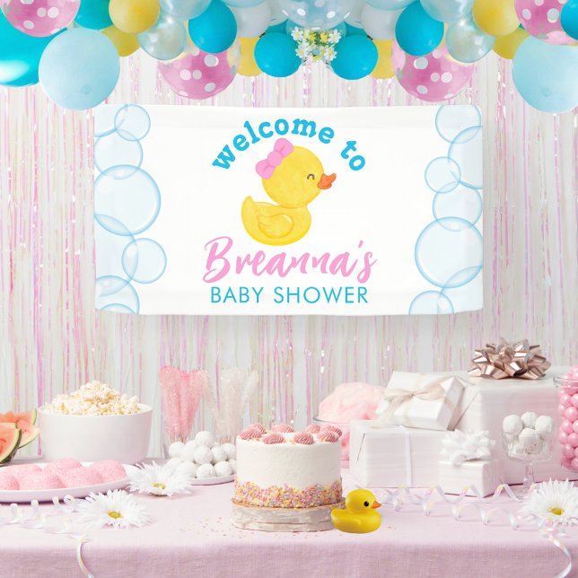 Girl Rubber Ducky Baby Shower Welcome Hanging Banner (Girl Rubber Duck Baby Shower Welcome Hanging Vinyl Banner in White)