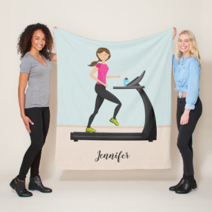 Girl Running On A Treadmill Illustration & Name Fleece Blanket