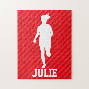 Girl Running; Scarlet Red Stripes Jigsaw Puzzle