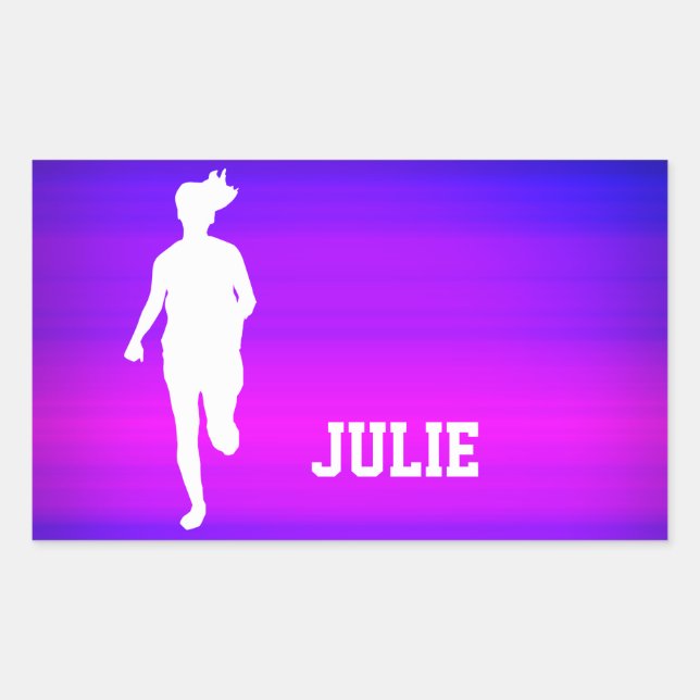Girl Running; Vibrant Violet Blue and Magenta Rectangular Sticker (Front)