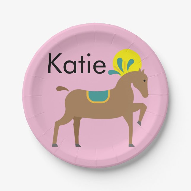 Girl’s editable cute cartoon horse  paper plate (Front)