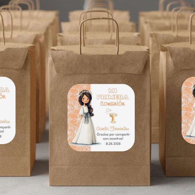 Girl’s First Holy Communion Cute Favors and Gifts Square Sticker (Creator Uploaded)