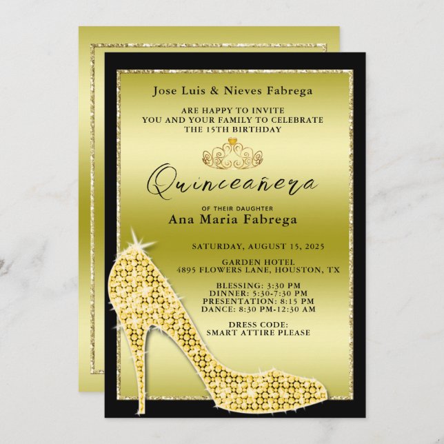 Girl´s Gold Stiletto Quinceañera Birthday Party Invitation (Front/Back)