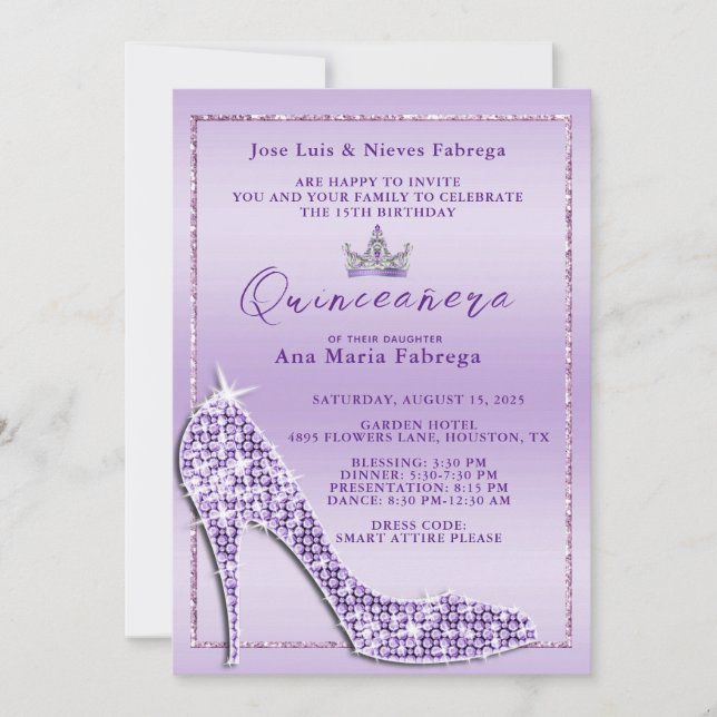 Girl´s Lilac Stiletto Quinceañera Birthday Party Invitation (Front)
