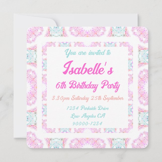 Girl’s Pretty Pastel Pink Delicate Green Birthday Invitation (Front)