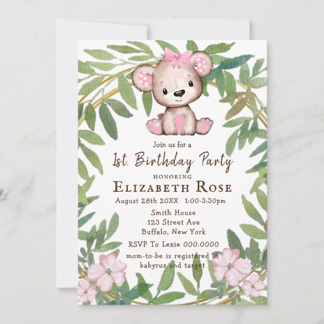 Girl’s Watercolor Teddy Bear 1St. Birthday Party (Front)