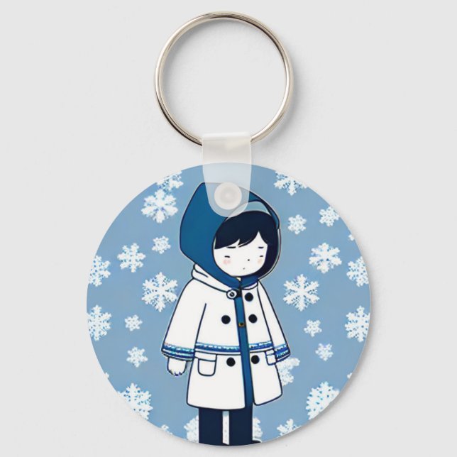 Girl sad snowflakes white blue repeating pattern key ring (Front)