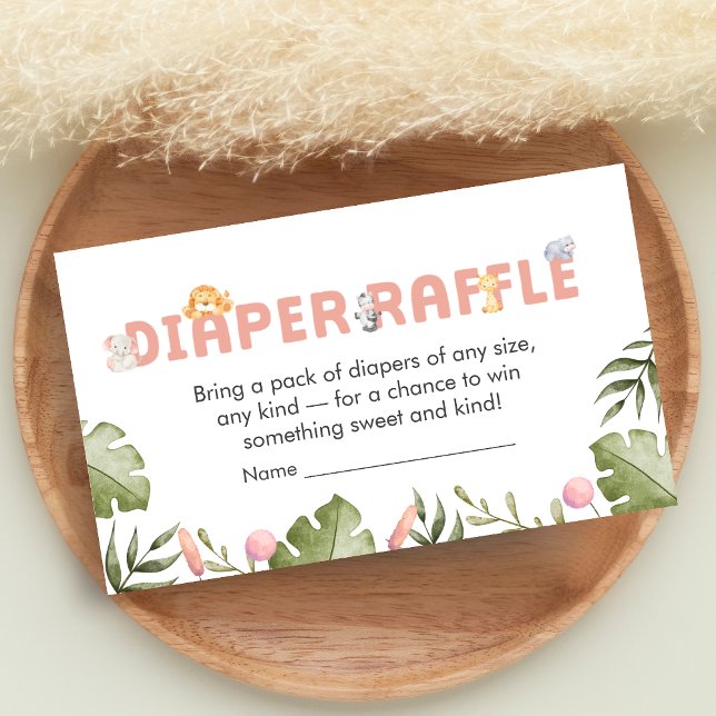 Girl Safari Animal Baby Shower Diaper Raffle Enclosure Card (Safari Jungle Animals Baby Shower Diaper Raffle)